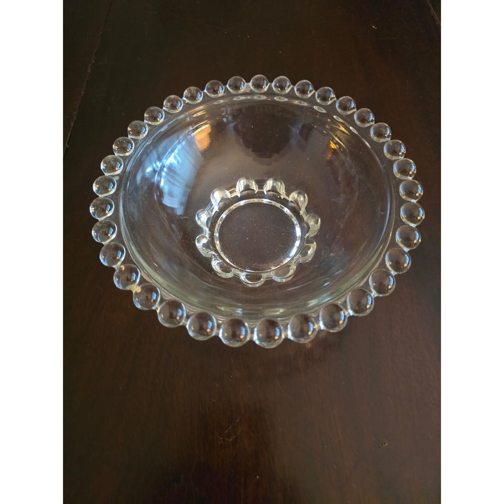 Vintage Clear Beaded Edge Glass Bowl Candlewick Style Scalloped Pedestal 7 Inch
